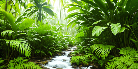 Beautiful wallpaper with a tropical landscape. Jungle with river, palms, trees and other wild evergreen plants. Tropical rainforest illustration. Background with pristine nature. Generative AI
