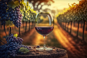 Naklejka na ściany i meble Glass of Red Wine Overlooking a Vineyard on a Summer Day - Ai Generative