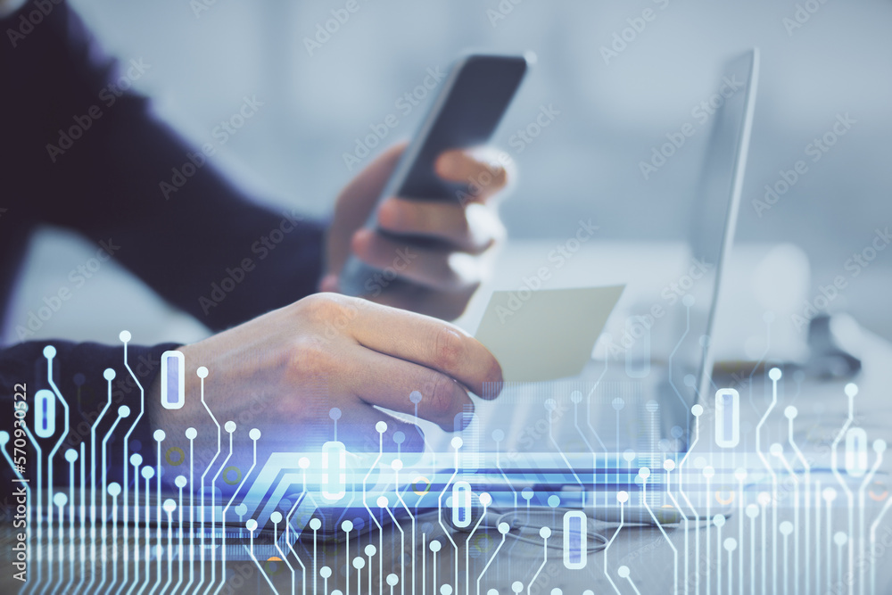 Poster Multi exposure of man's hands holding and using a digital device and data theme drawing. Innovation concept.