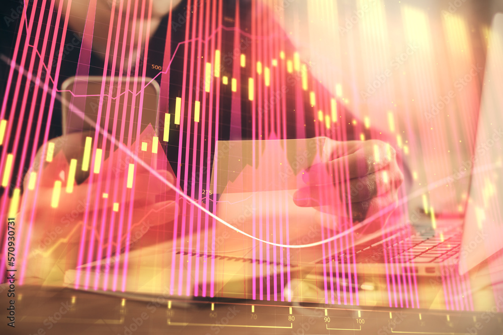 Poster double exposure of man's hands holding and using a phone and financial graph drawing. analysis conce