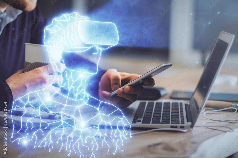 Poster double exposure of man's hands holding and using a digital device and ar glasses drawing. virtual re