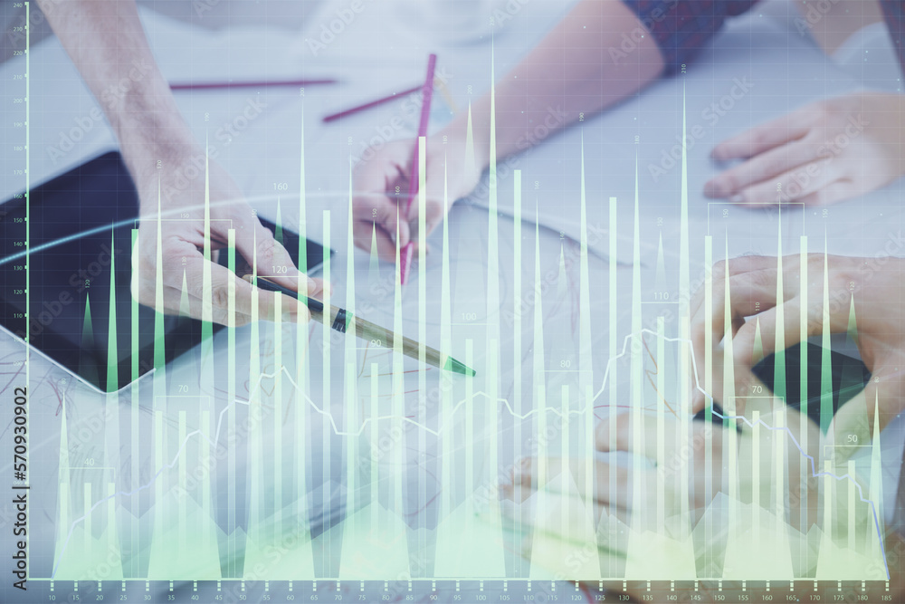 Poster double exposure of forex graph drawing and man and woman working together holding and using a mobile