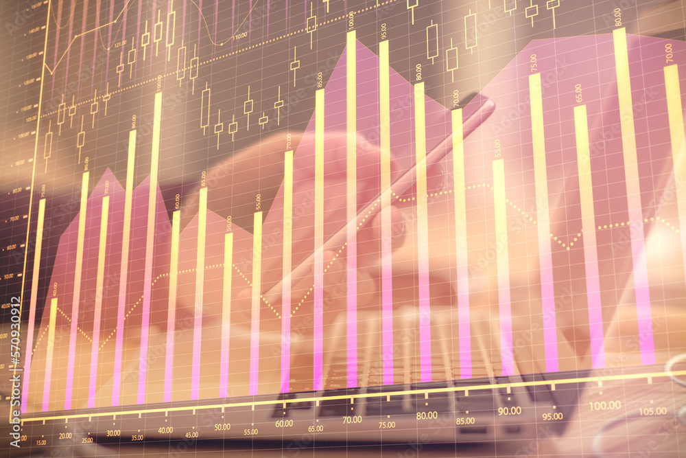 Poster double exposure of man's hands holding and using a phone and financial graph drawing. analysis conce
