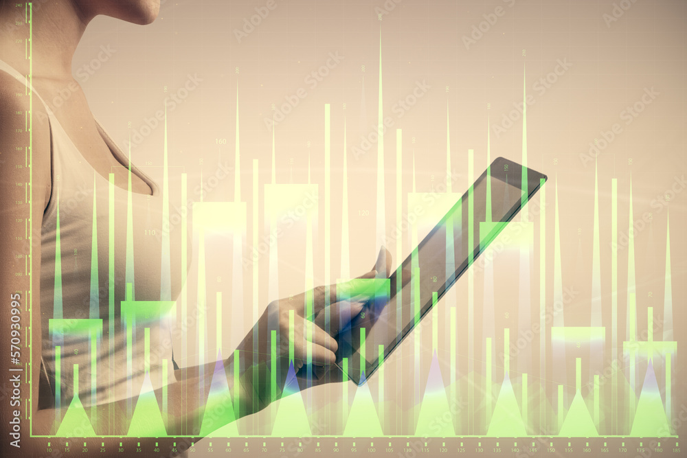 Poster double exposure of forex chart sketch hologram and woman holding and using a mobile device. financia