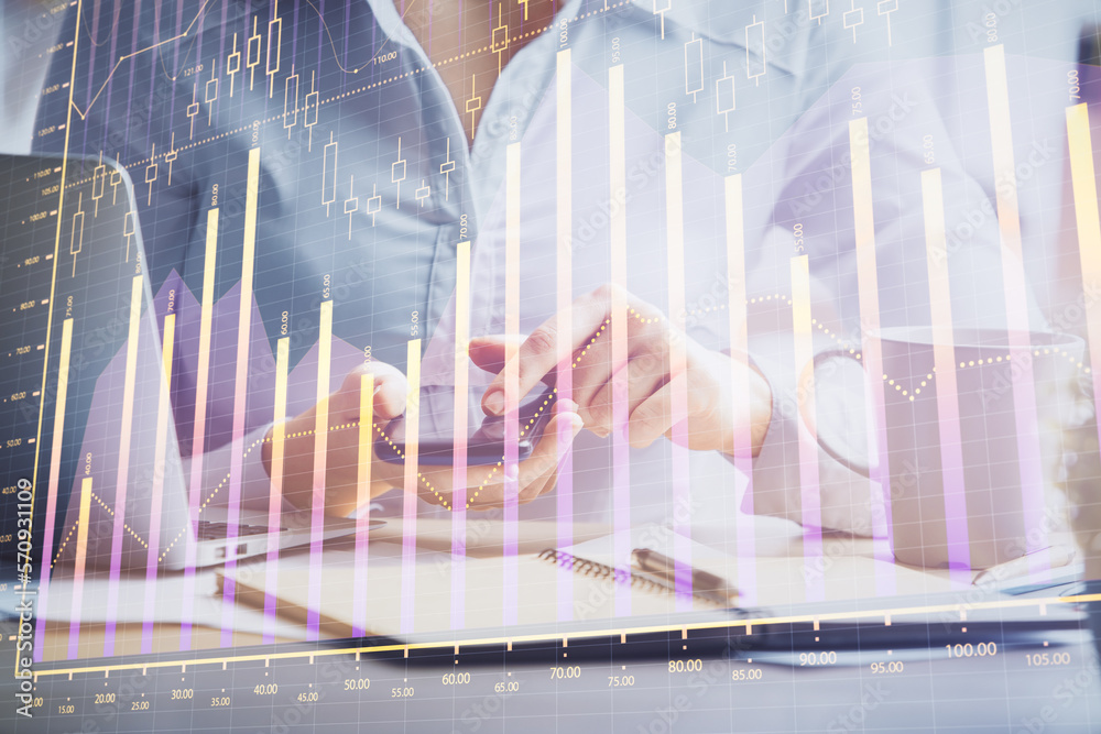 Aufkleber double exposure of forex chart sketch hologram and woman holding and using a mobile device. financia