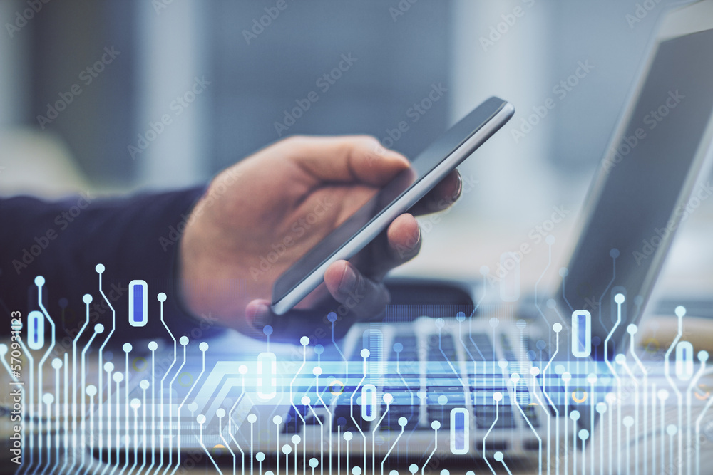 Aufkleber Multi exposure of man's hands holding and using a digital device and data theme drawing. Innovation concept.