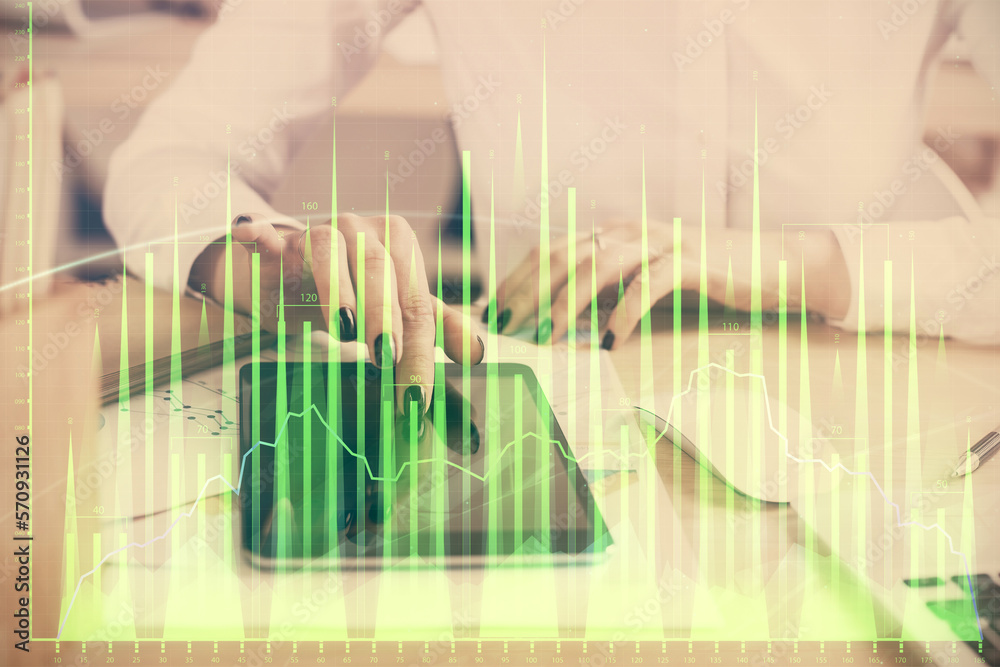 Aufkleber double exposure of forex chart sketch hologram and woman holding and using a mobile device. financia