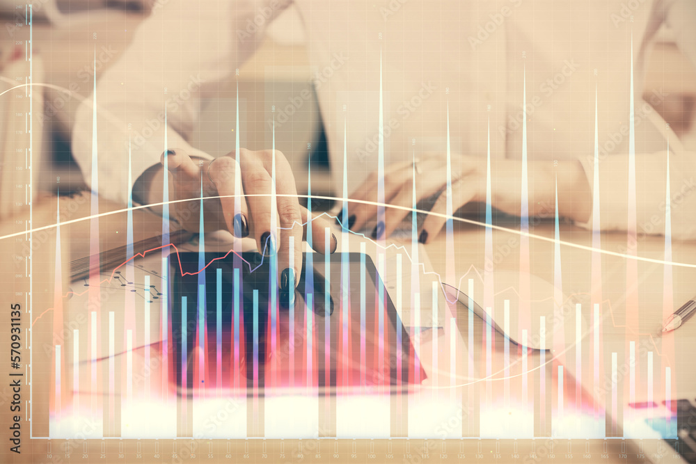 Poster double exposure of forex chart sketch hologram and woman holding and using a mobile device. financia