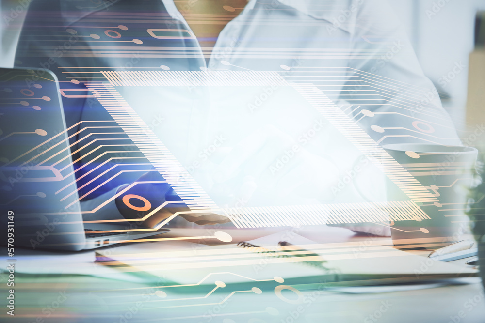 Poster double exposure of technology sketch hologram and woman holding and using a mobile device. ai concep