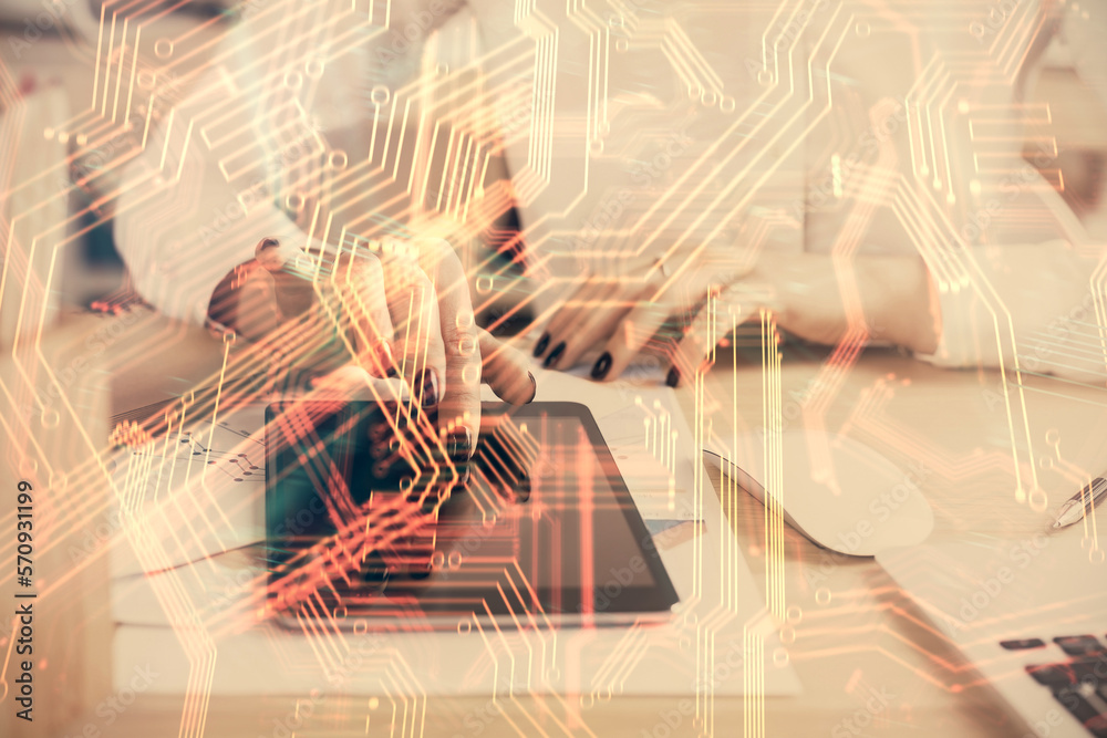 Poster Double exposure of tech icon hologram and woman holding and using a mobile device. Technology concept.