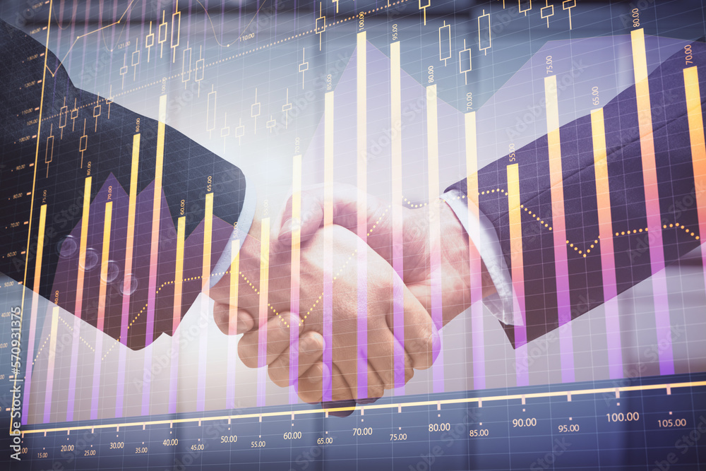 Poster double exposure of forex graph hologram and handshake of two men. stock market concept.
