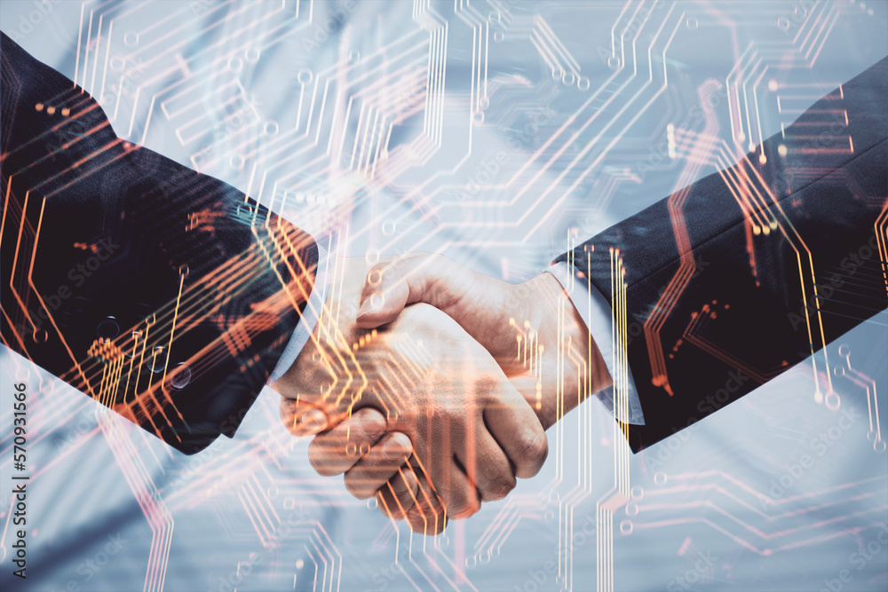 Poster double exposure of tech hologram and handshake of two men. deal concept.