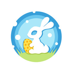 Greeting card Happy Easter. Paper design. Silhouettes of a hare and an egg. The Easter Bunny is holding an egg in its paws. A bunny in a spring meadow congratulates on Easter. Happy easter.