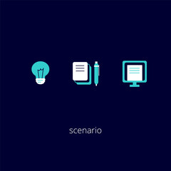Writer app icon set. Light bulb, paper and pen, computer monitor icons. The work of a writer is from an idea to a desk to a computer. Linear icons for scripting theme. Icons about creating texts.