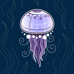 Swimming jellyfish illustration. Jellyfish and algae at the bottom of the ocean. Jellyfish soaring in the sea. Blank for design on clothes or book
