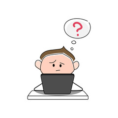 setting a task at work, a man solves a problem, a man works hard, an employee receives a task, a drawn little man with a question mark in his thoughts, a man sits at a laptop, blank for the web