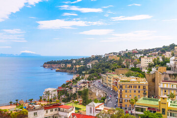 Naklejka na ściany i meble Scenic coastline of Naples. Blue sea with islands on the skyline. View from the top of hill