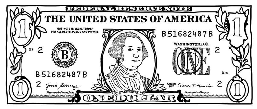Cartoon hand drawn 1 dollar banknote for design purpose