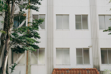 Retro old white building exterior in Japan