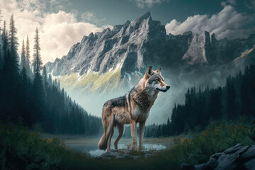 Wolf in the alps forest - obrazy, fototapety, plakaty