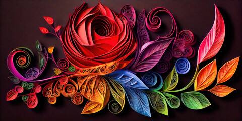 Paper Quilling rose flower design - colorful polychromatic rainbow paper quilling design created by generative AI