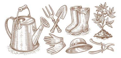 Garden tools, equipment collection. Gardening, horticulture concept. Set of sketch vector illustrations in retro style © ~ Bitter ~