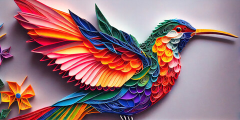 Obraz premium Paper Quilling bird design - colorful polychromatic rainbow paper quilling design created by generative AI