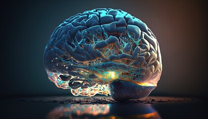 Human brain digital illustration. Colorful areas, electrical activity, flashes and medical view created with generative ai technology - obrazy, fototapety, plakaty