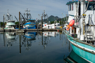 Fishing boats docked in harbor at Kodiak, Alaska