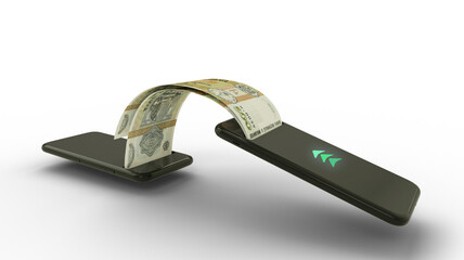 3D rendering of  Moldovan leu notes transferring from one phone to another. mobile money...