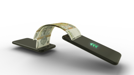 3D rendering of  Moldovan leu notes transferring from one phone to another. mobile money transaction concept. money coming out of mobile phone