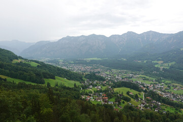 Fototapeta na wymiar The view from Ewige Wand hiking and mountain biking path to Bad Goisern, Austria