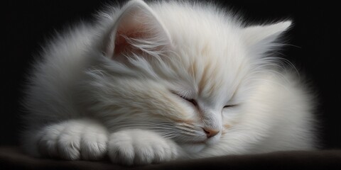 Süße schlafende weiße Baby Katze mit flaumigen Fell Nahaufnahme für Kalender, ai generativ