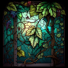 stained glass window with flowers, curly vines with leaves, AI GENERATIVE