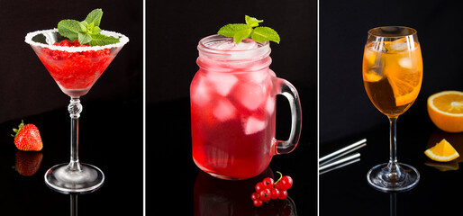 Collage of summer cold drink. Frozen juice with strawberry, lemonade with red currant and aperol spritz cocktail on the black background.