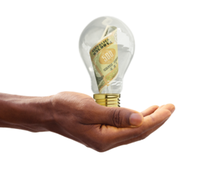 Black Hand holding 3d rendered Moldovan leu note inside transparent light bulb, creative thinking. Making money by solving problem. Having idea concept