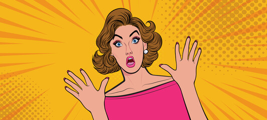 Beautiful woman showing shocked expression, vintage style vector illustration.
