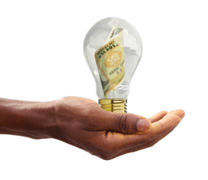 Black Hand holding 3d rendered Moldovan leu note inside transparent light bulb, creative thinking. Making money by solving problem. Having idea concept