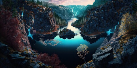 Obraz premium a large chasm view of lakes and forests, Generative AI Digital Illustration