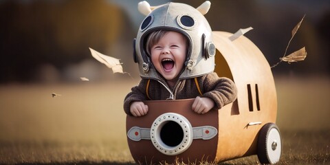 Glückliches Kind spielt Flieger auf Spielplatz und lacht, ai generativ - obrazy, fototapety, plakaty