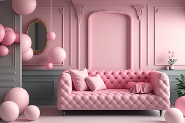 modern living room interior with pink sofa, Generative AI Digital Illustration
