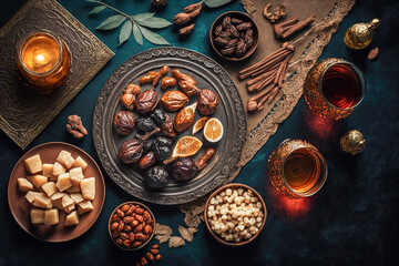 Overhead view on Muslim iftar breaking fast with dried dates, nuts and sweet drinks, with lantern lamp as decoration. Created with Generative AI technology.