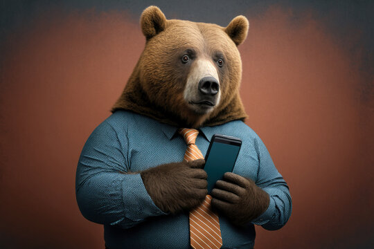 Studio photo portrait of a happy bear in business clothes holding a phone, concept of Business Professional and Smiling, created with Generative AI technology