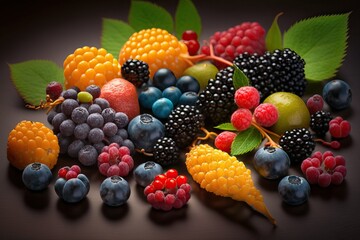 Berries, assortment of bright colorful fruits arranged (Ai generated)