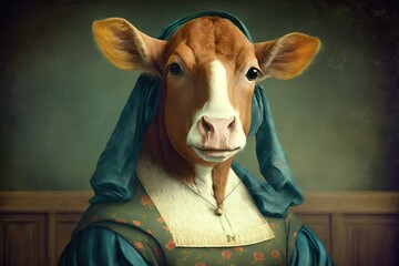 jersey cow like mona lisa leonardo da vinci, Generative AI Digital Illustration