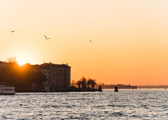 Sunset over the Giudecca lagoon in Venice, Italy 