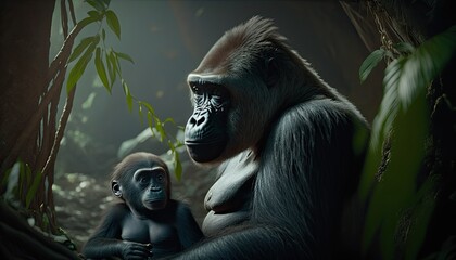portrait Gorilla and her baby, Generative AI Digital Illustration