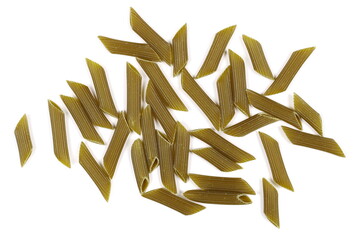 Organic dried green pea pasta, Penne rigate isolated on white, top view 