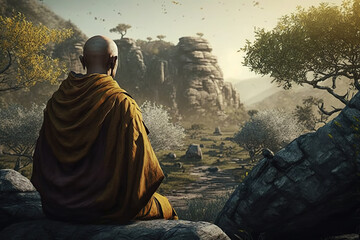 Buddhist monk meditating in nature. AI generative illustration. - obrazy, fototapety, plakaty