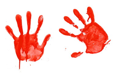 Bloody handprint, red spray stain isolated on white